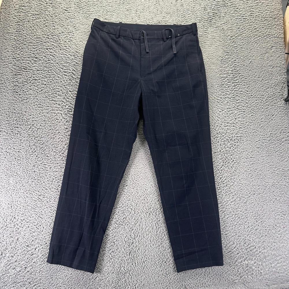 Uniqlo Pant Mens L Blue Windowpane Plaid Polyester Ankle Tapered Preppy Career